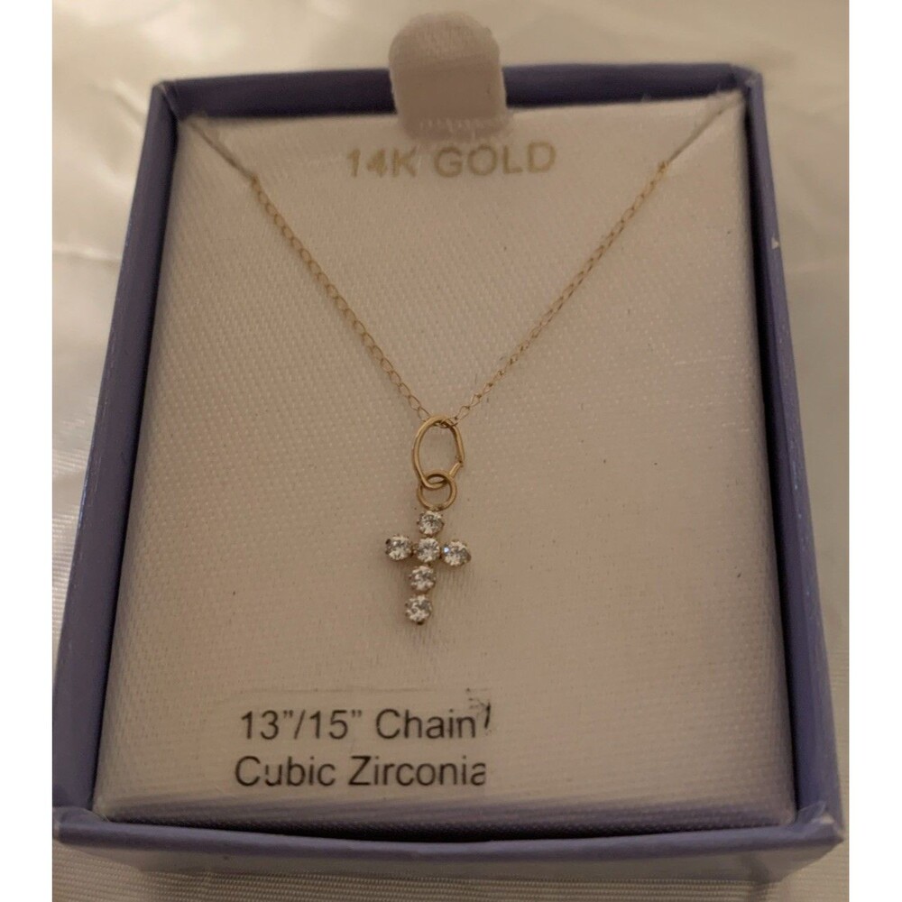 14K Gold Tiny Cross Necklace 13-15โ Dainty Minimalist Simple Vintage
